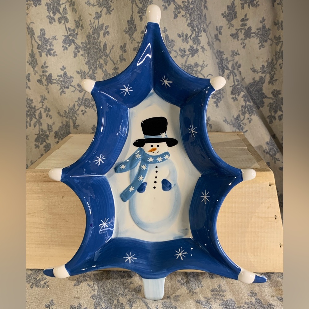 Hand Painted Ceramic Snowy Pine Tree Bowl with Snowman ND